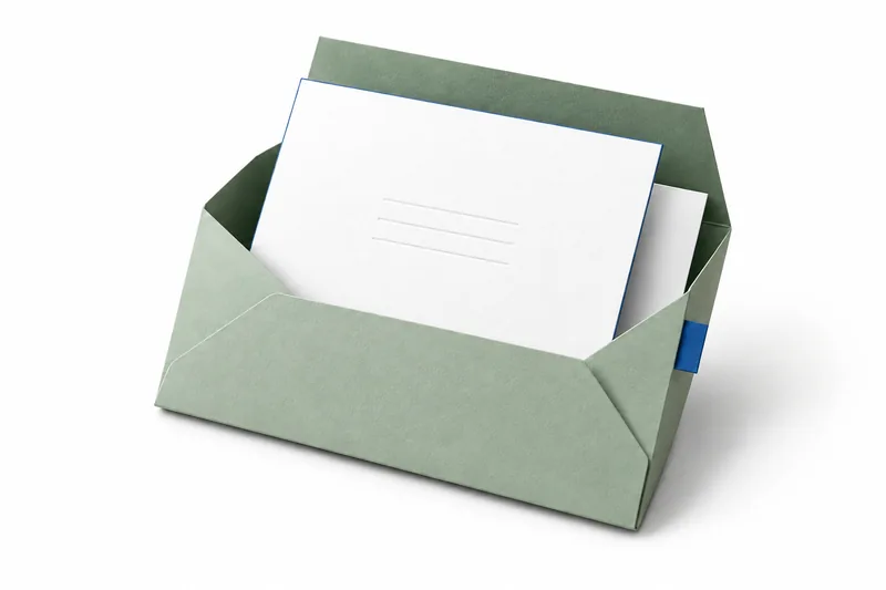 A white letter emerging from a sage paper folio.